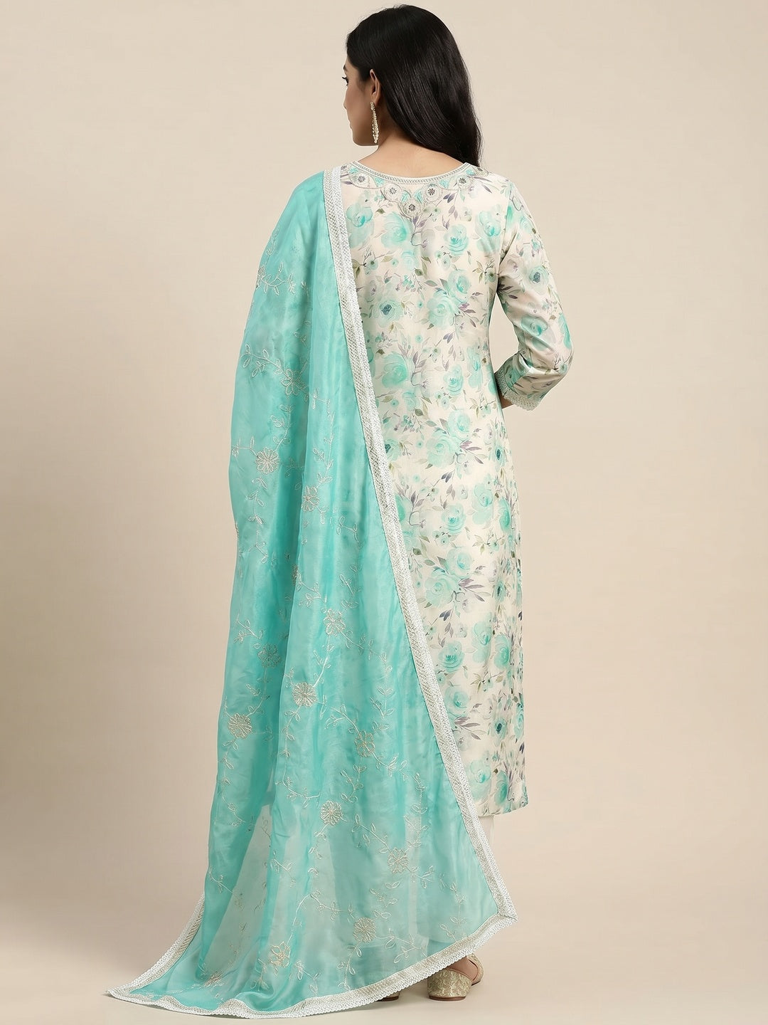 Cream & Turquoise Floral Digital Printed With Handwork Chanderi Silk Dress Material - Image 2