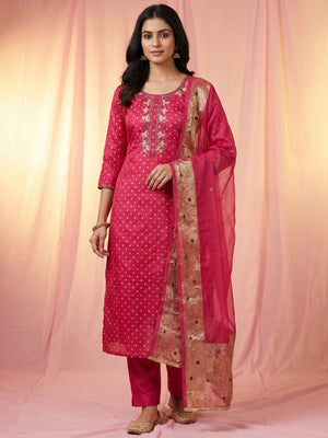 Pink Woven With Handwork Chanderi Silk Dress Material - Image 1