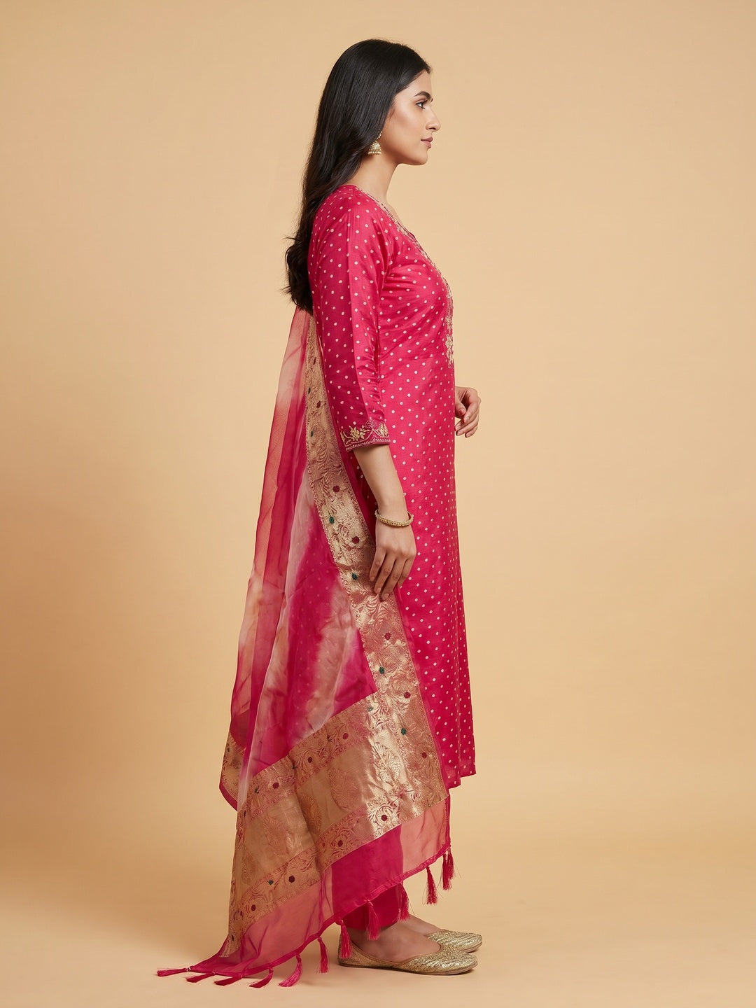 Pink Woven With Handwork Chanderi Silk Dress Material - Image 2