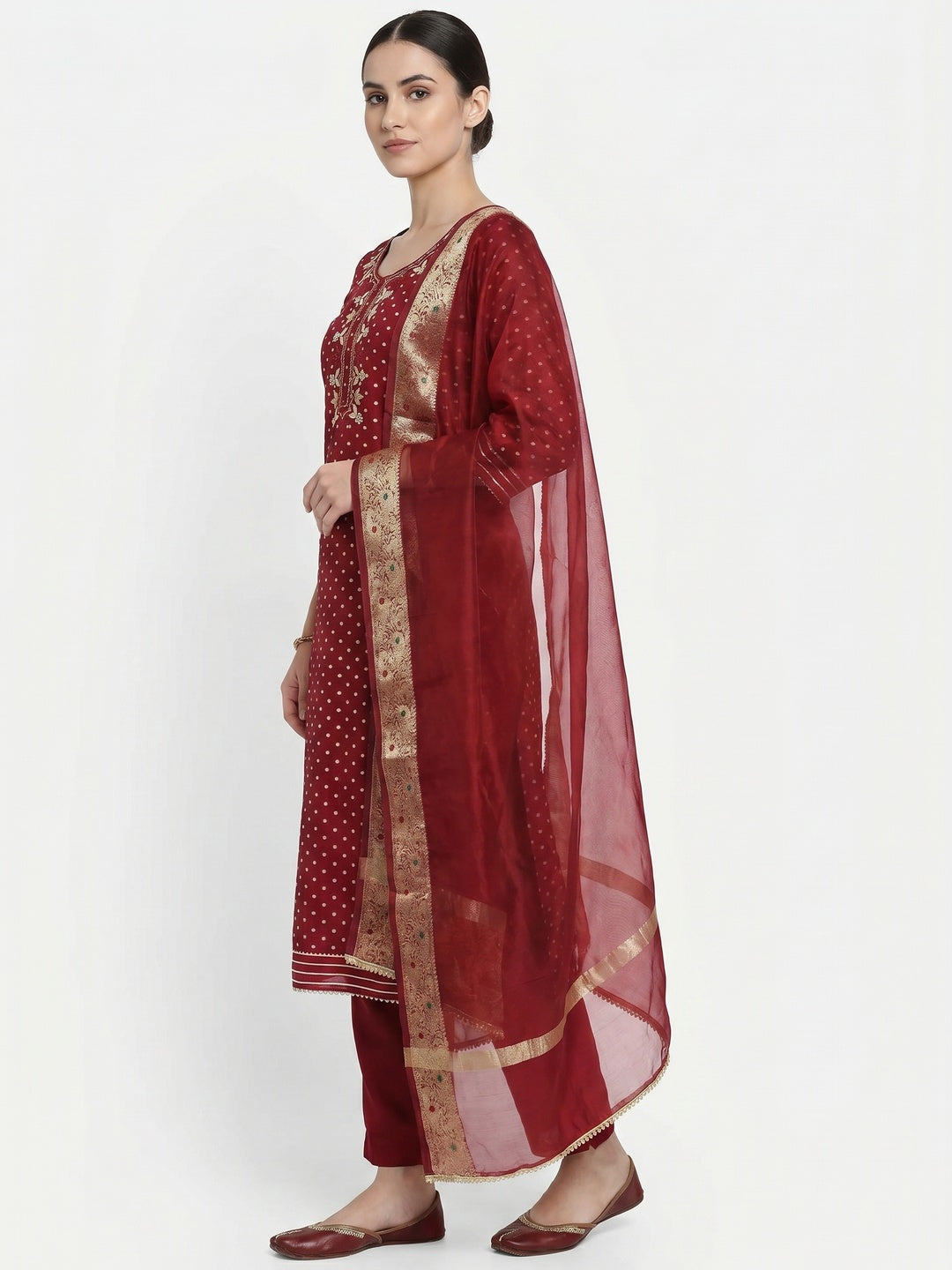 Maroon Woven With Handwork Chanderi Silk Dress Material - Image 2