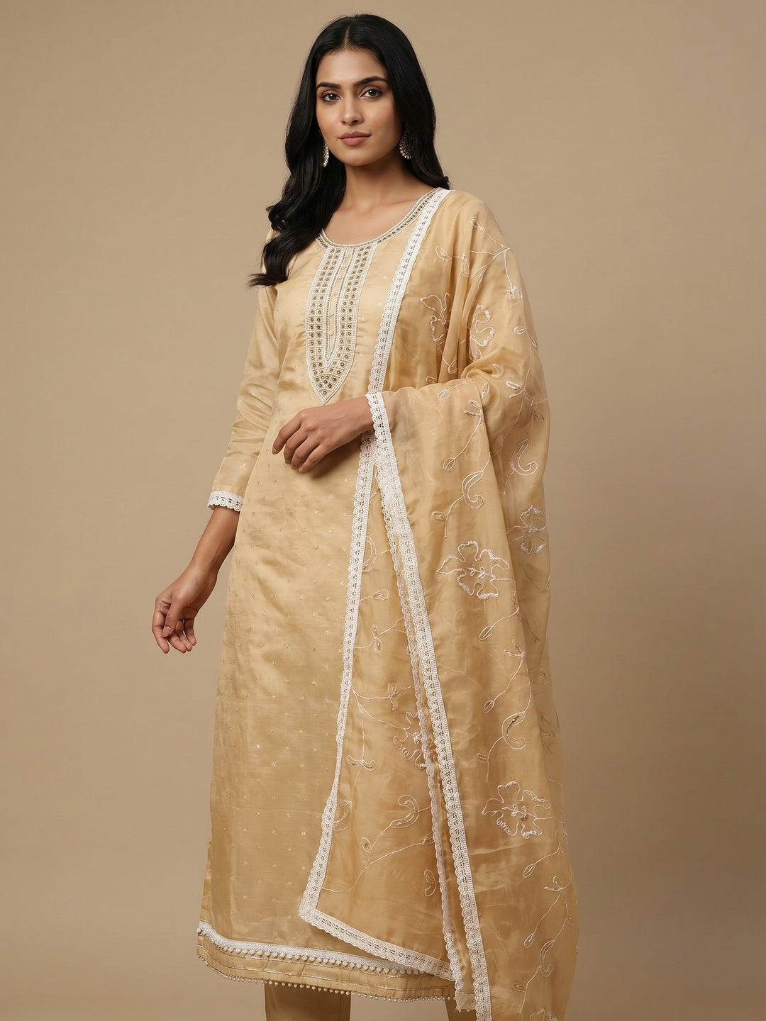 Chikoo Woven With Moti Handwork Chanderi Silk Dress Material - Image 1