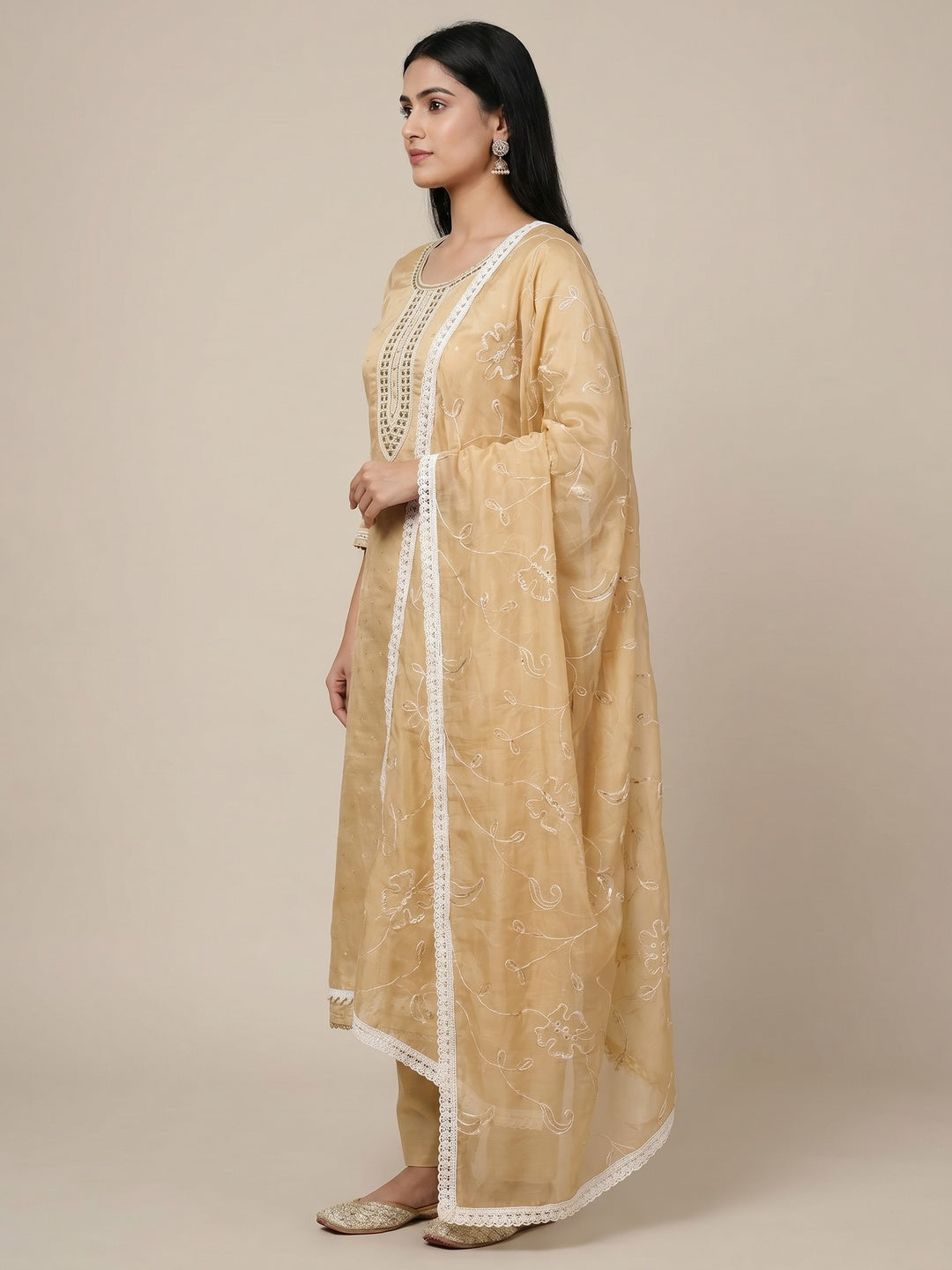 Chikoo Woven With Moti Handwork Chanderi Silk Dress Material - Image 2