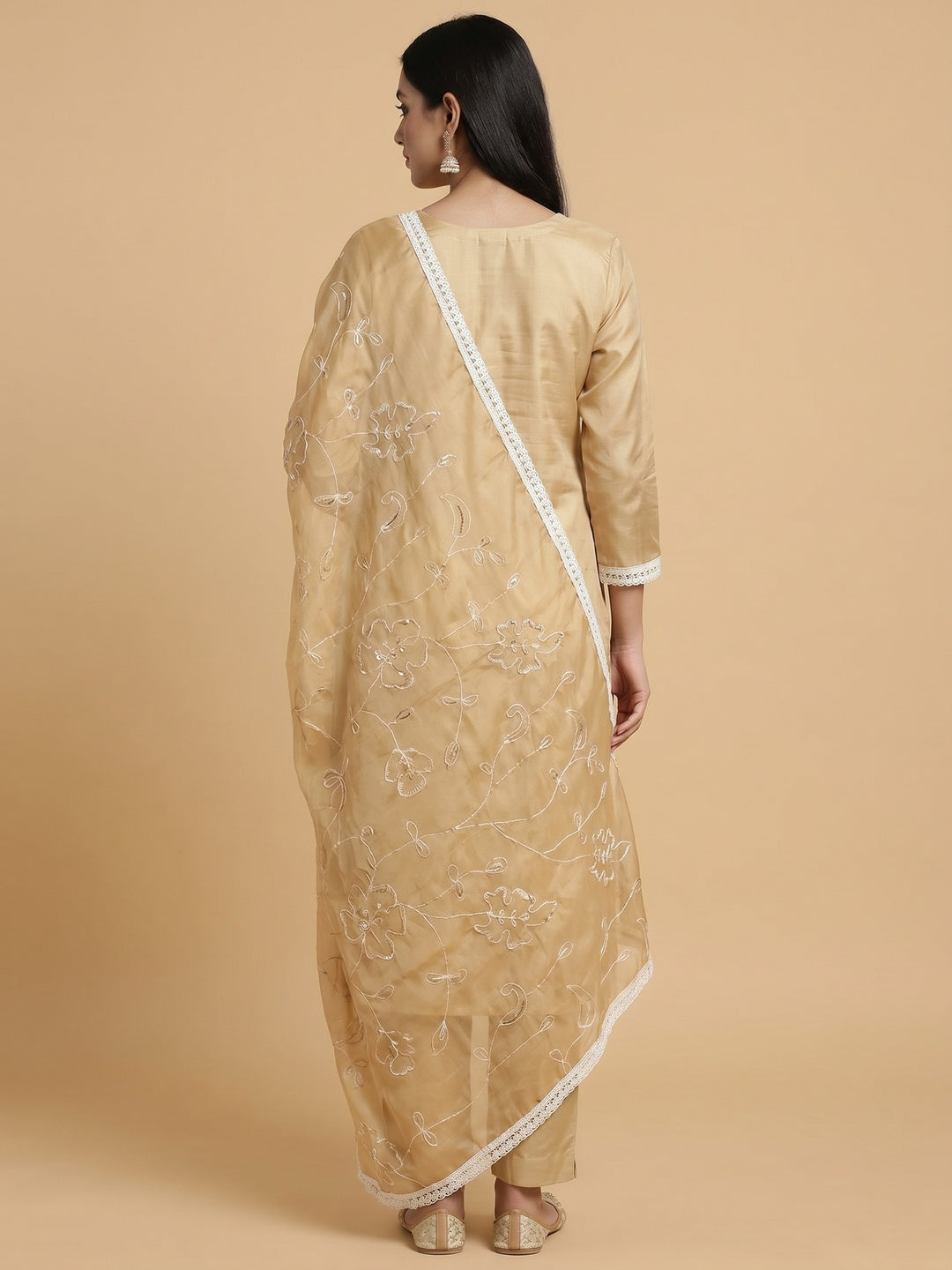 Chikoo Woven With Moti Handwork Chanderi Silk Dress Material - Image 3