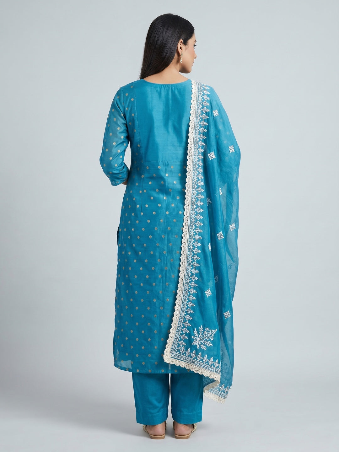 Blue Woven With Moti Handwork Chanderi Silk Dress Material - Image 2
