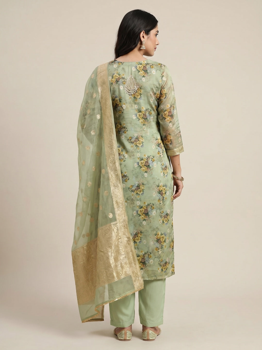 Green Floral Digital Printed With Handwork Organza Dress Material - Image 2