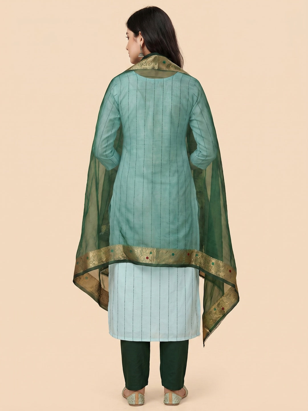 Green Embroidered With Handwork Cotton Blend Dress Material - Image 3