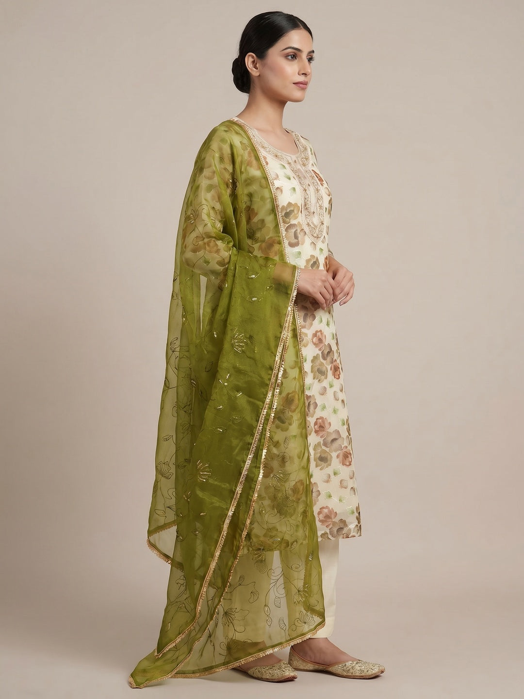 Cream Floral Embroidered With Printed Organza Dress Material - Image 3