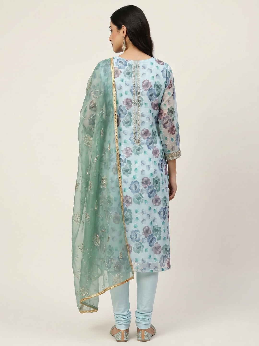 Blue Floral Embroidered With Printed Organza Dress Material - Image 3