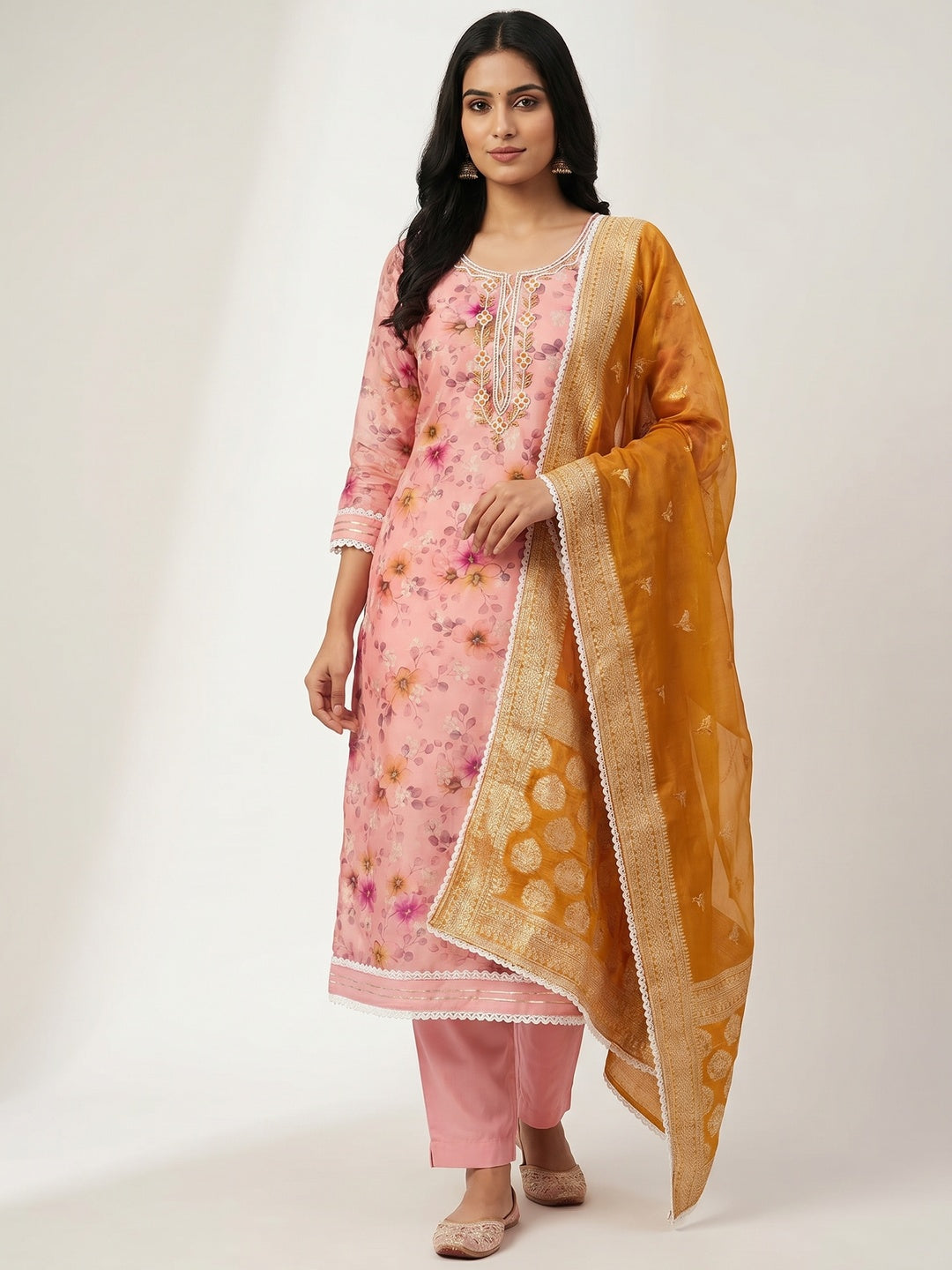 Pink Floral Digital Printed With Woven Chanderi Silk Dress Material - Image 1