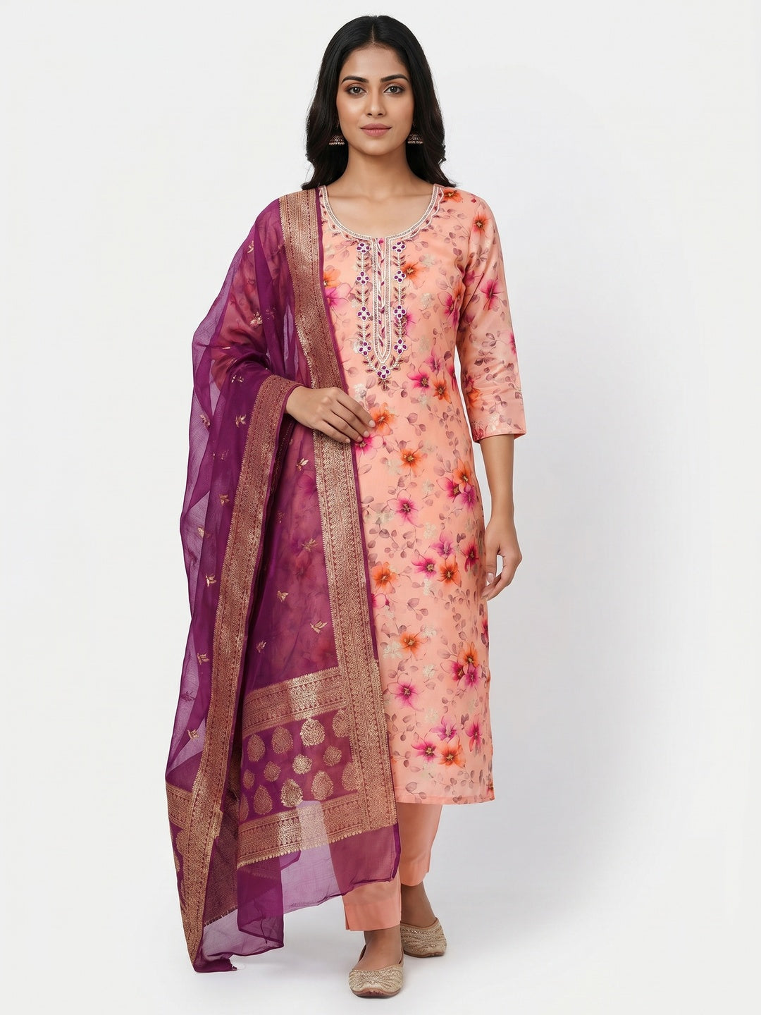 Peach Floral Digital Printed With Woven Chanderi Silk Dress Material - Image 1