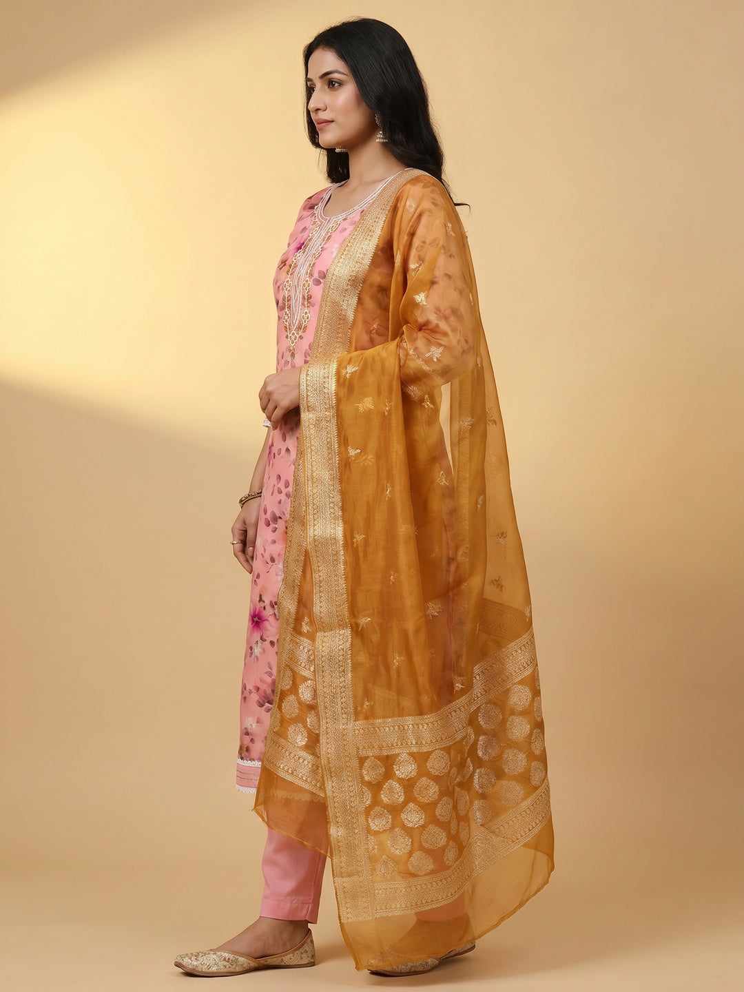 Pink Floral Digital Printed With Woven Chanderi Silk Dress Material - Image 3