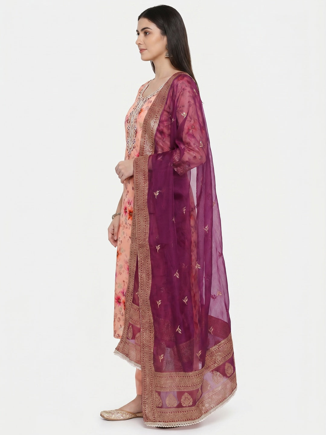 Peach Floral Digital Printed With Woven Chanderi Silk Dress Material - Image 2