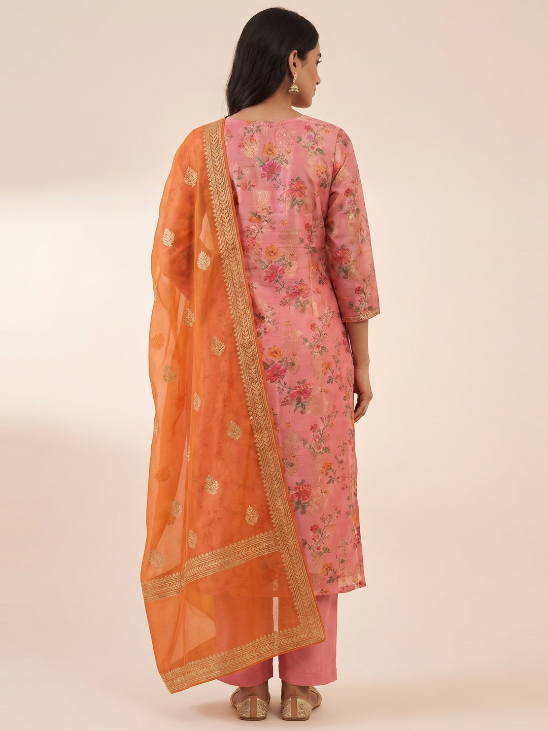 Pink Floral Digital Printed With Woven Chanderi Silk Dress Material - Image 2