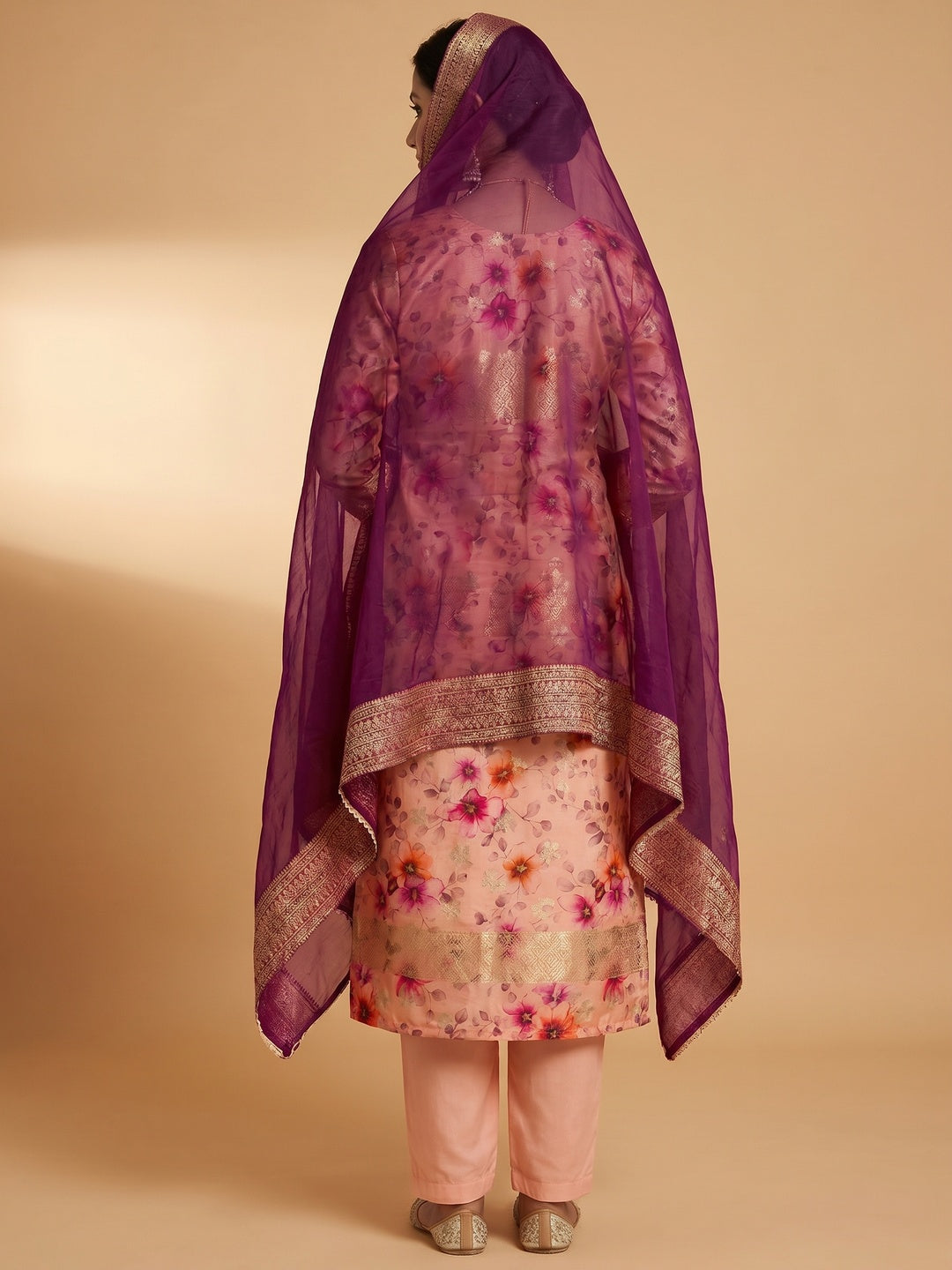 Peach Floral Digital Printed With Woven Chanderi Silk Dress Material - Image 3