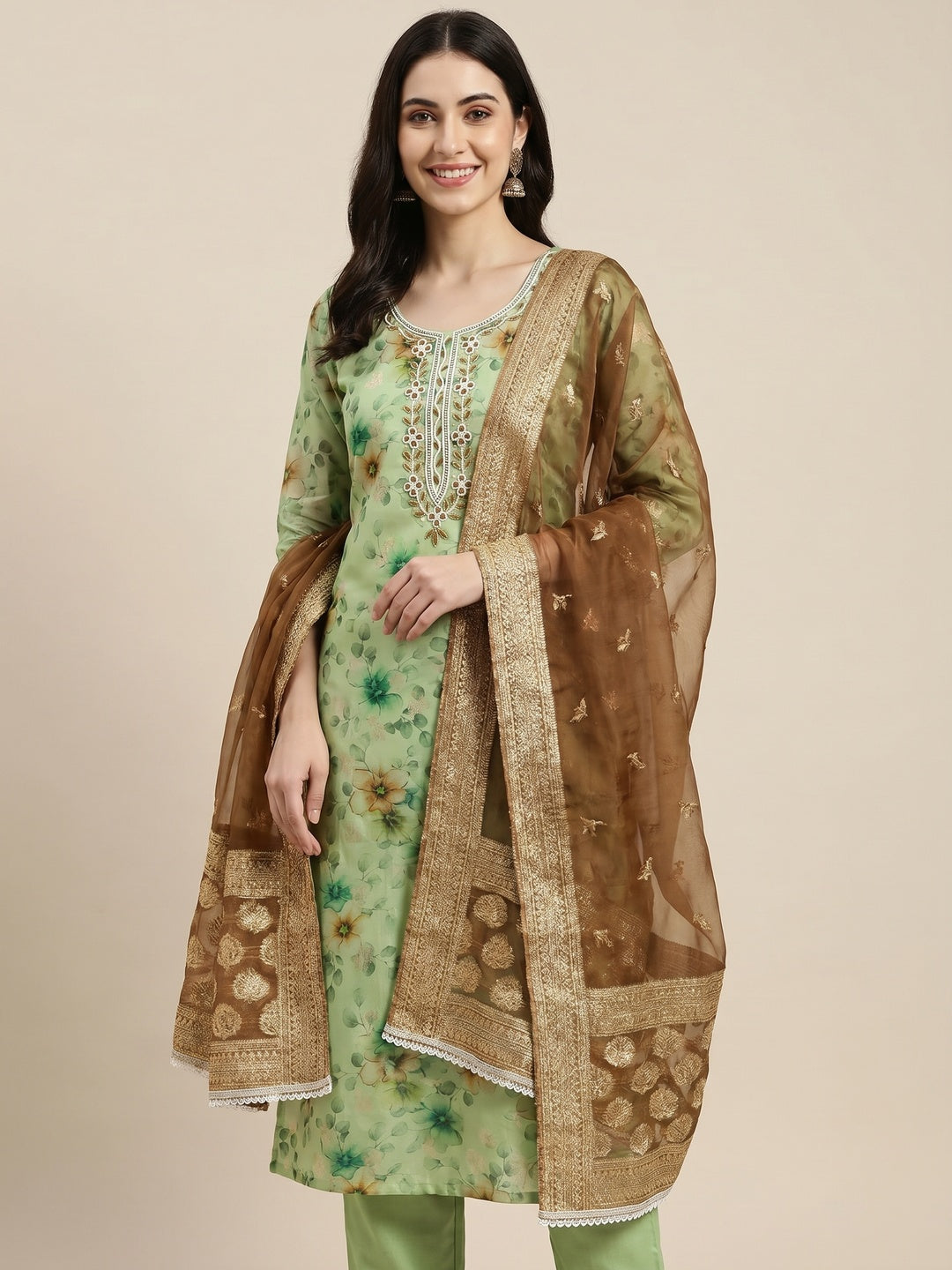 Green Floral Digital Printed With Woven Chanderi Silk Dress Material - Image 1