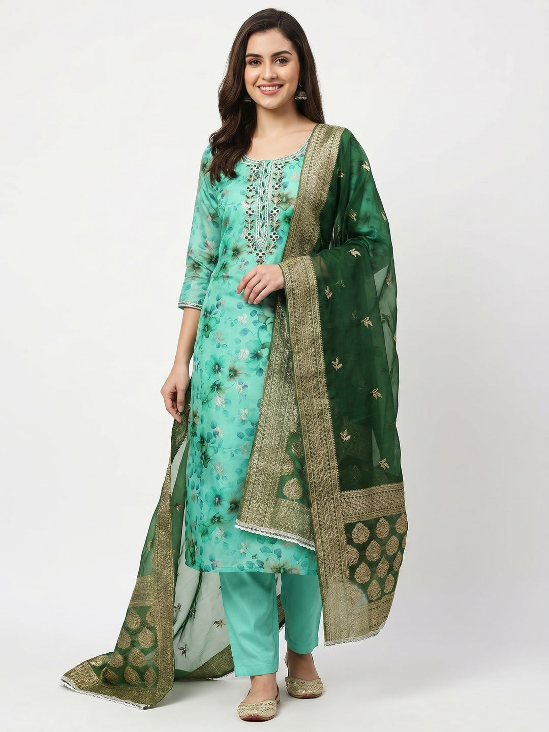 Turquoise Floral Digital Printed With Woven Chanderi Silk Dress Material - Image 1