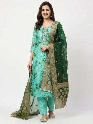 Turquoise Floral Digital Printed With Woven Chanderi Silk Dress Material - Image 1