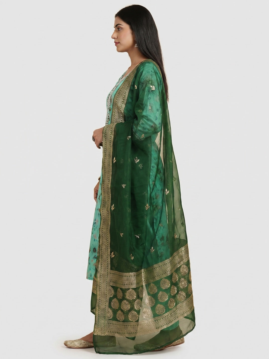 Turquoise Floral Digital Printed With Woven Chanderi Silk Dress Material - Image 3