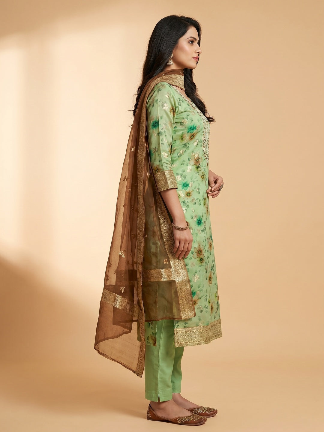 Green Floral Digital Printed With Woven Chanderi Silk Dress Material - Image 2