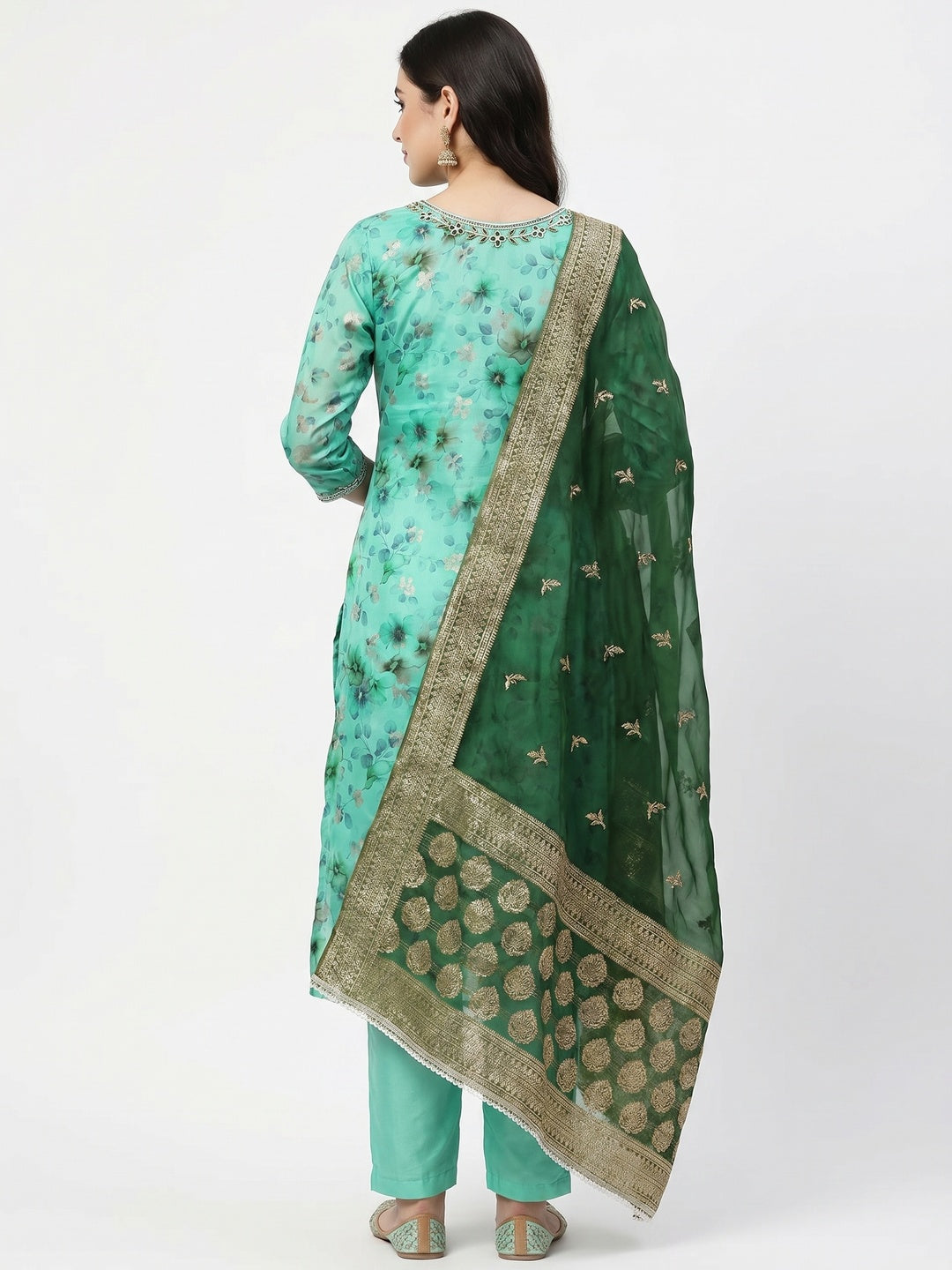 Turquoise Floral Digital Printed With Woven Chanderi Silk Dress Material - Image 2