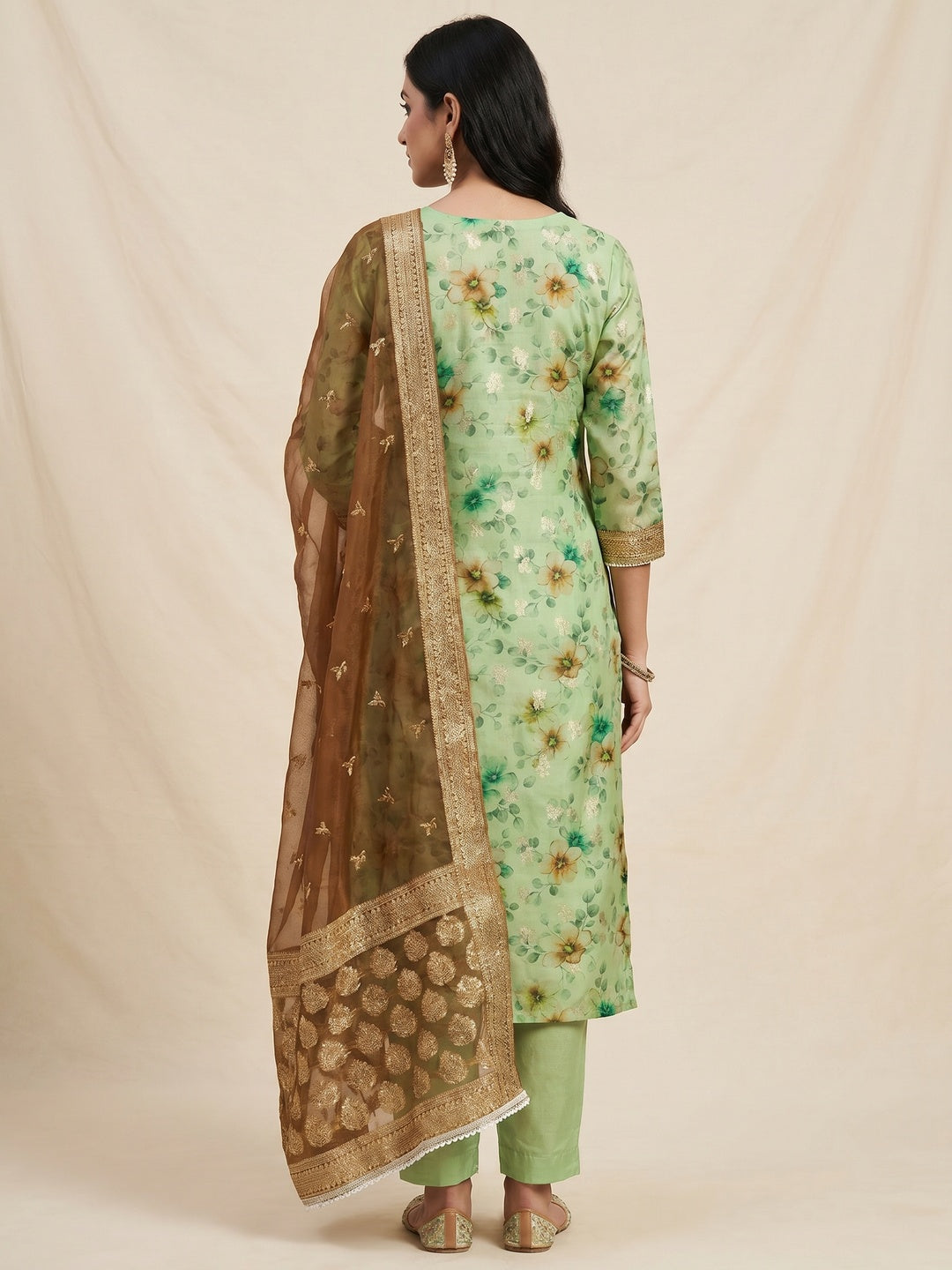 Green Floral Digital Printed With Woven Chanderi Silk Dress Material - Image 3