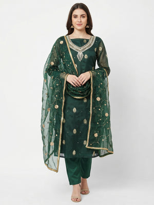 Green Floral Woven Organza Dress Material - Image 1
