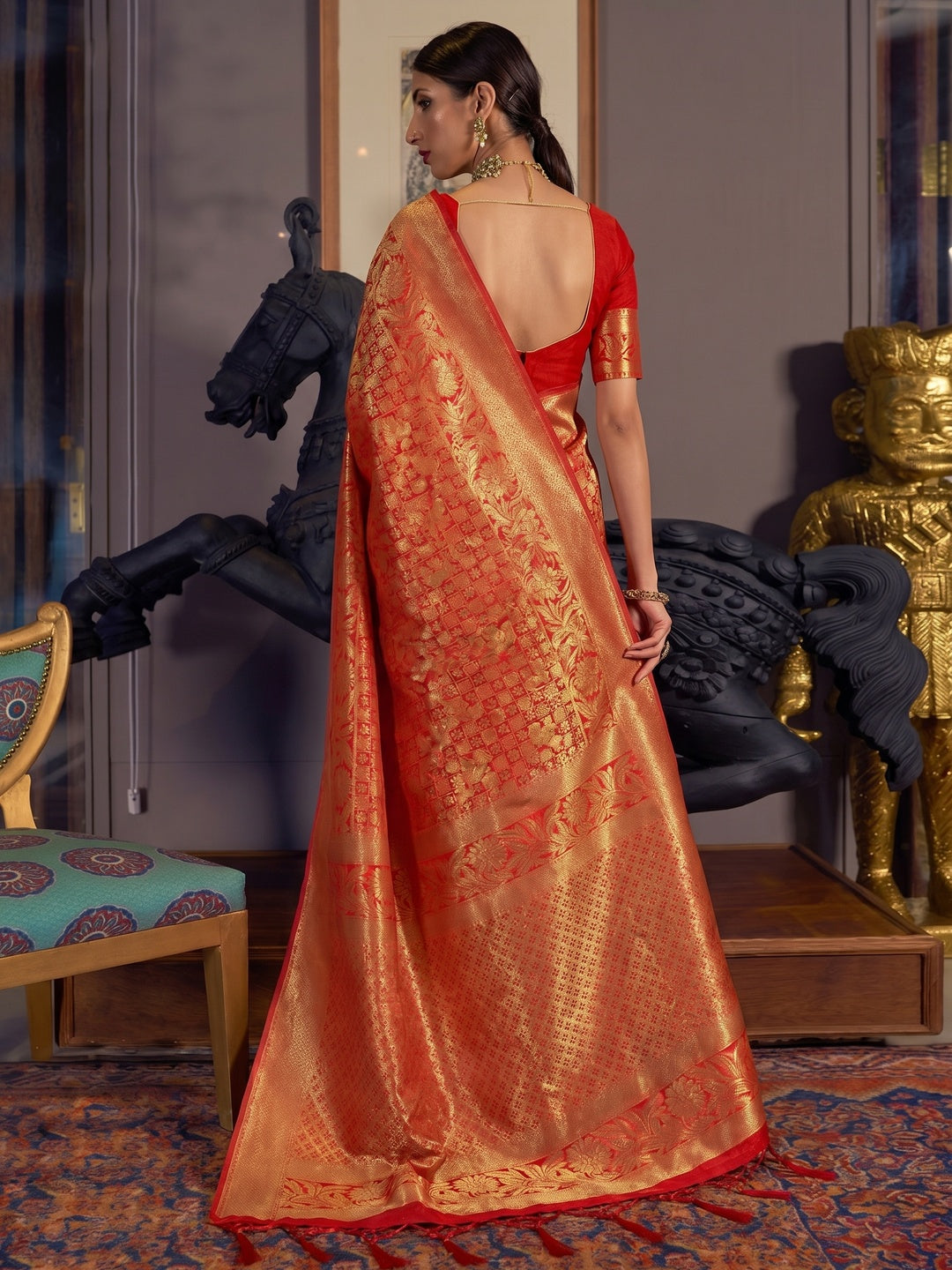 Red Woven Art Silk Saree With Tassels - Image 2