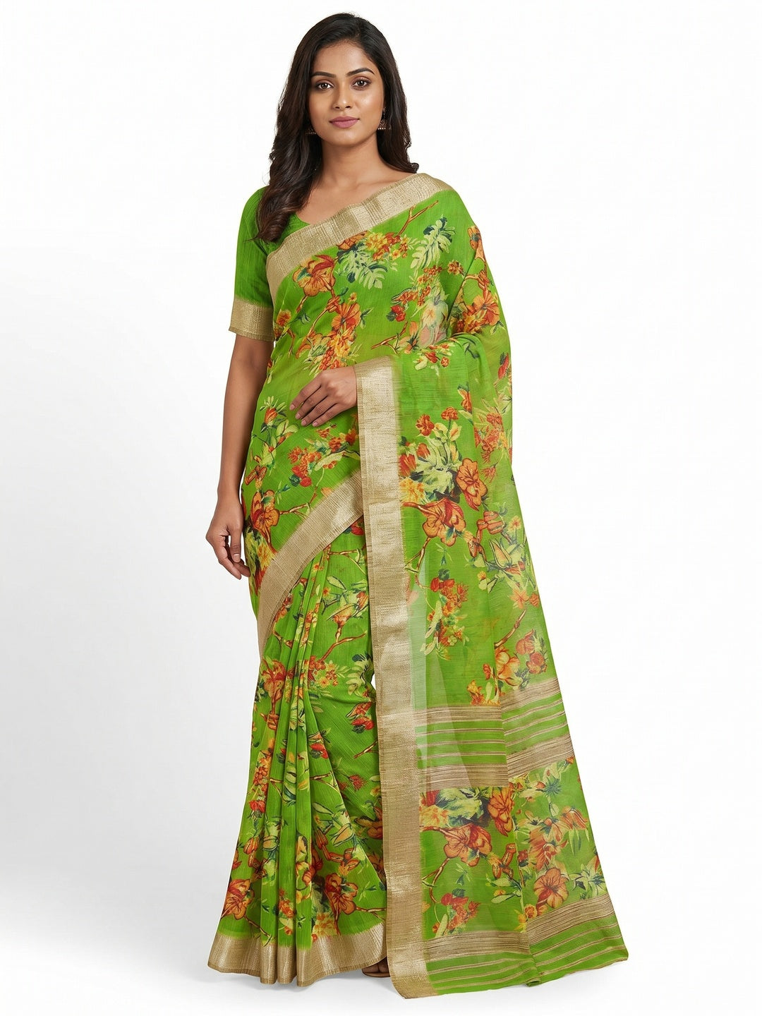 Parrot Green Casual Wear Floral Printed With Jari Border Cotton Saree - Image 1