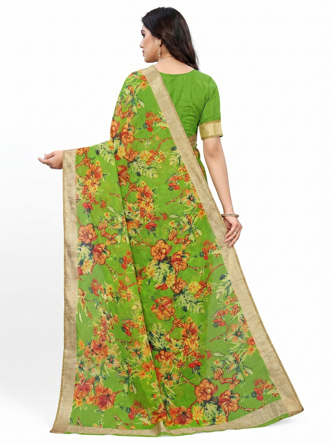 Parrot Green Casual Wear Floral Printed With Jari Border Cotton Saree - Image 2