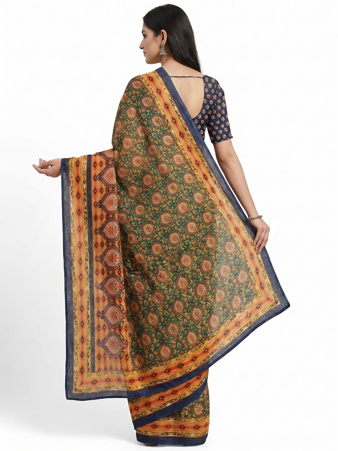 Green Floral Printed Pure Cotton Saree - Image 3