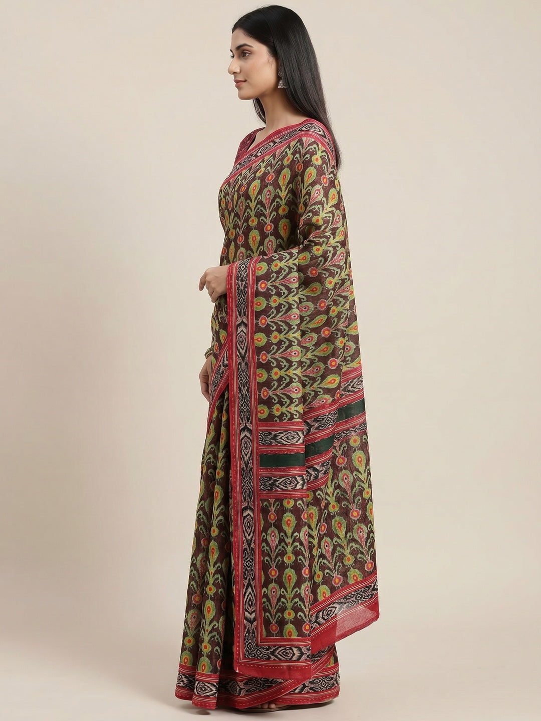 Brown Printed Pure Cotton Saree - Image 2
