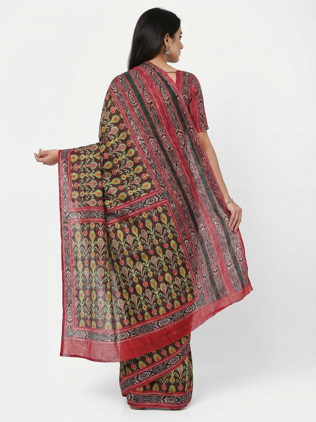 Brown Printed Pure Cotton Saree - Image 3