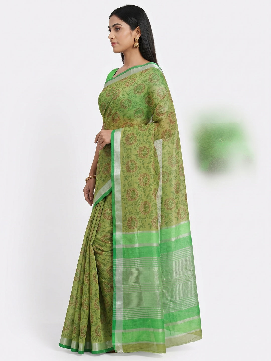 Green Floral Block Printed Chanderi Saree - Image 4