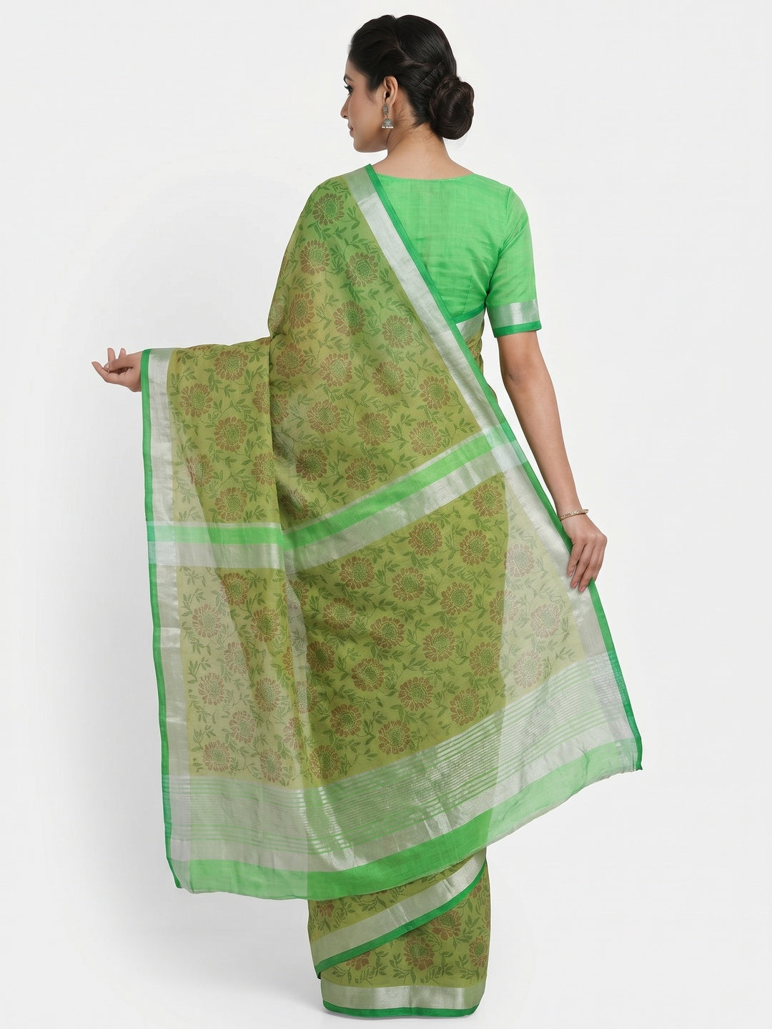 Green Floral Block Printed Chanderi Saree - Image 2