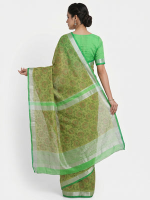 Green Floral Block Printed Chanderi Saree - Image 2
