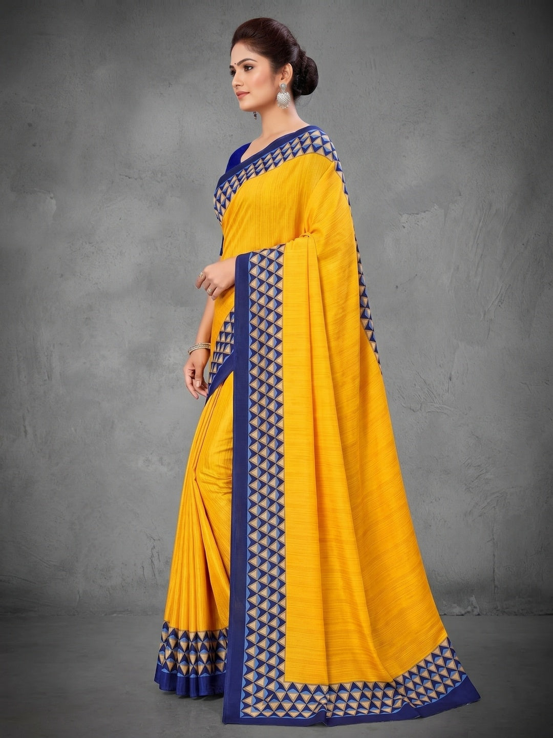 Yellow Silk Crepe Saree with Geometric Print - Image 2