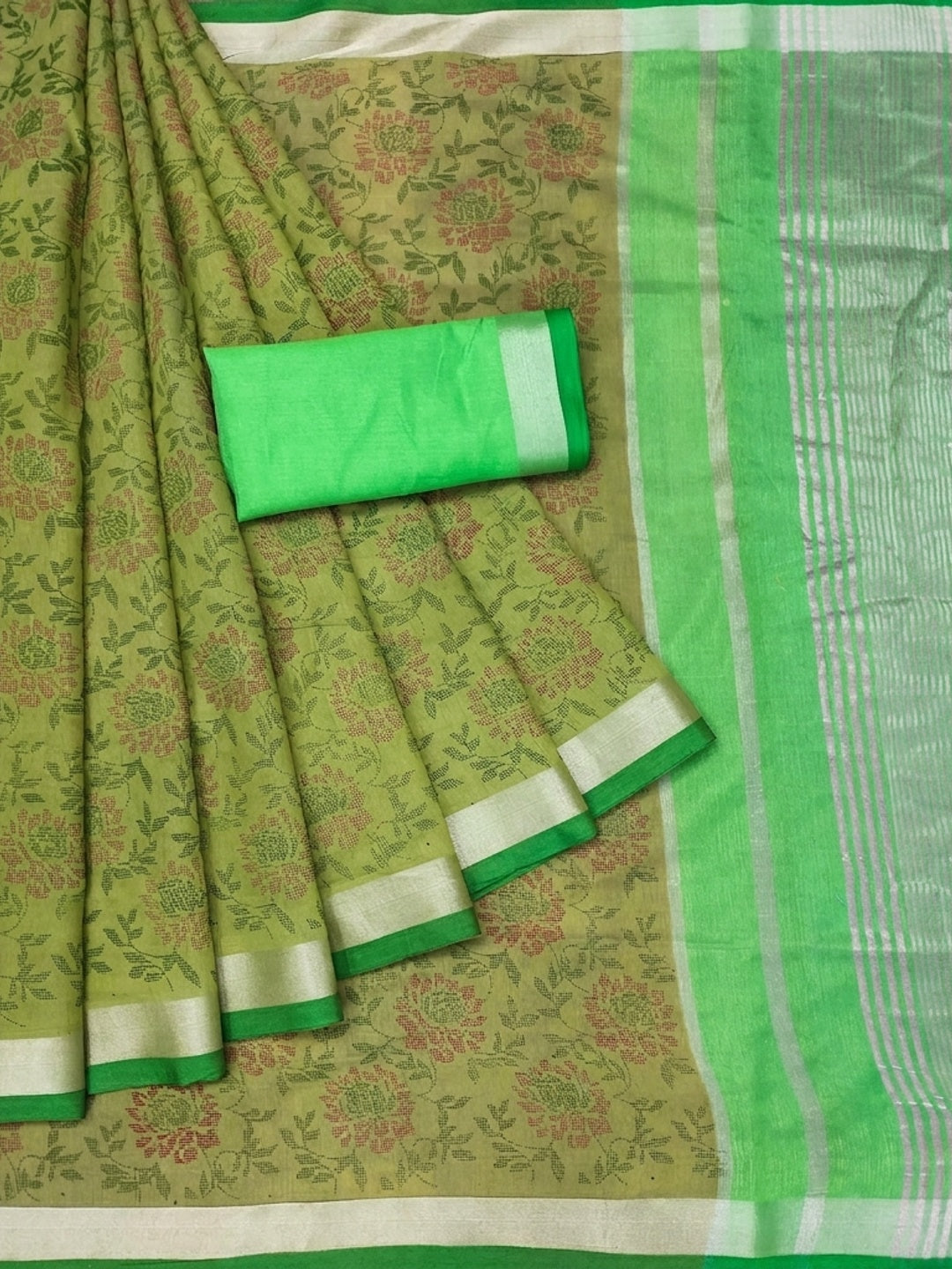 Green Floral Block Printed Chanderi Saree - Image 3