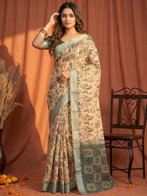 Classic Cream Warli Tribal Art Digital Printed Linen Cototn Saree With Zari Border - Image 1