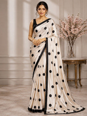 Classic Cream Polka Pattern Digital Printed Satin Saree for Timeless Elegance - Image 1