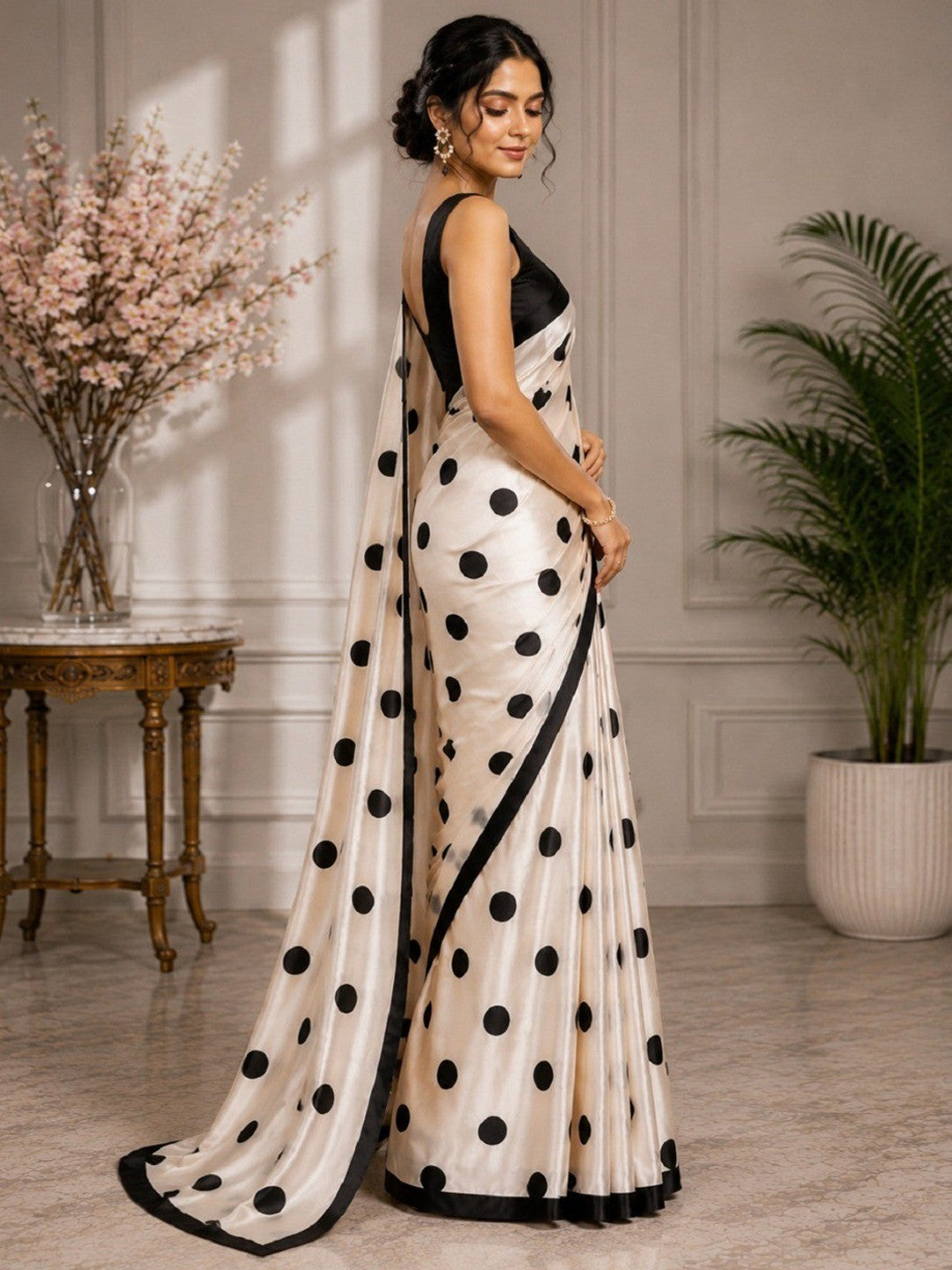 Classic Cream Polka Pattern Digital Printed Satin Saree for Timeless Elegance - Image 2