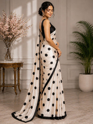 Classic Cream Polka Pattern Digital Printed Satin Saree for Timeless Elegance - Image 2