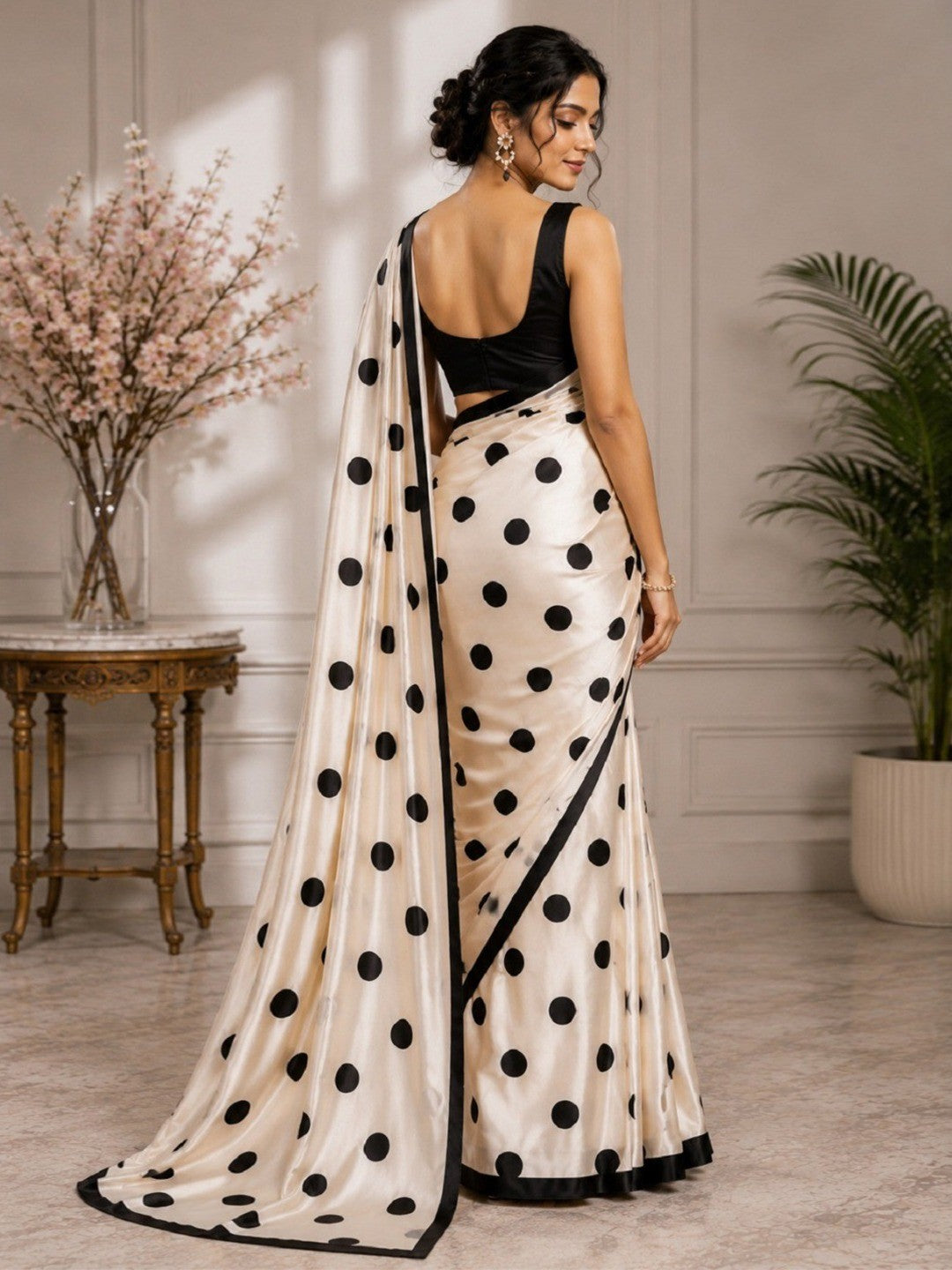 Classic Cream Polka Pattern Digital Printed Satin Saree for Timeless Elegance - Image 3