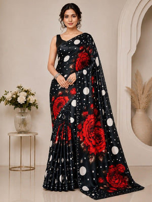 Graceful Cream Floral & Polka Dot Digital Printed Satin Saree with Artistic Print Work - Image 1