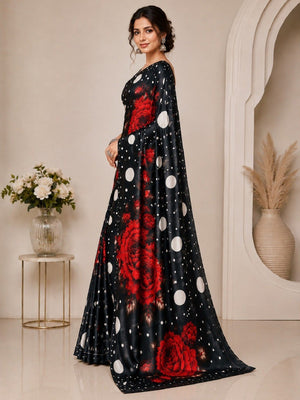 Graceful Cream Floral & Polka Dot Digital Printed Satin Saree with Artistic Print Work - Image 2