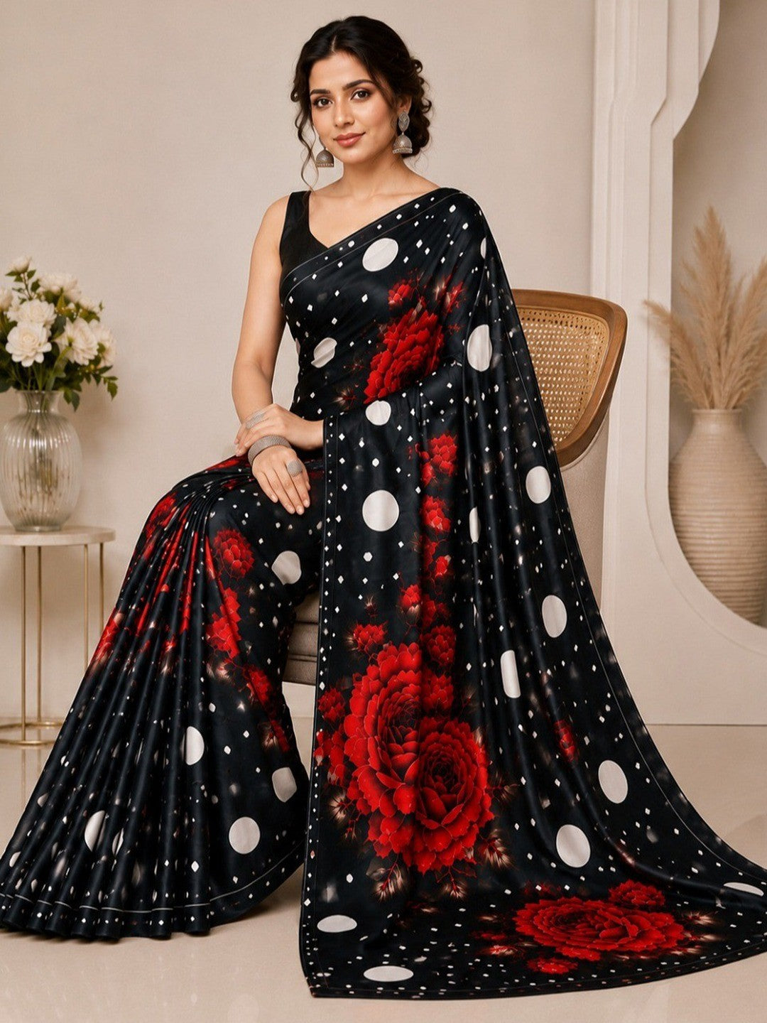 Graceful Cream Floral & Polka Dot Digital Printed Satin Saree with Artistic Print Work - Image 4