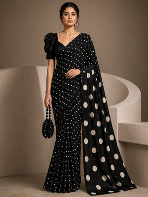 Sophisticated Black Polka Pattern Digital Printed Satin Saree With Premium Work - Image 1