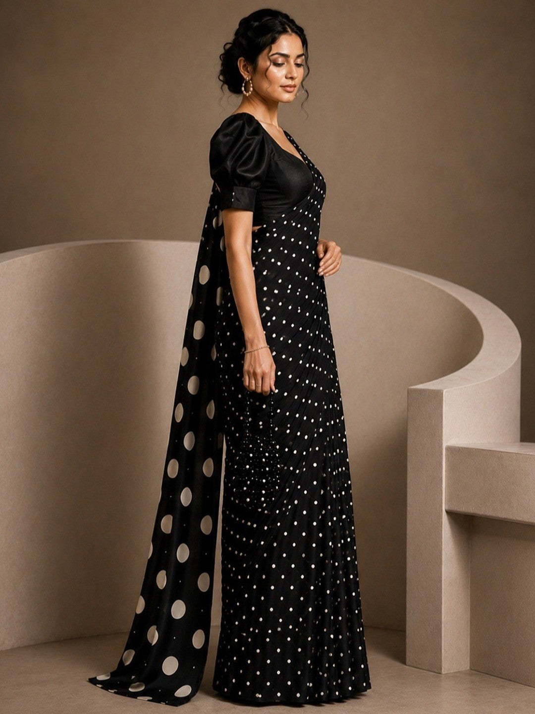Sophisticated Black Polka Pattern Digital Printed Satin Saree With Premium Work - Image 2