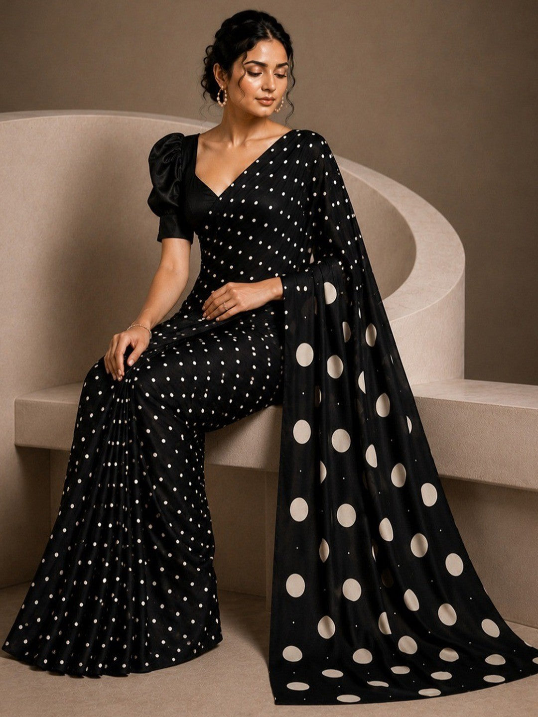 Sophisticated Black Polka Pattern Digital Printed Satin Saree With Premium Work - Image 4