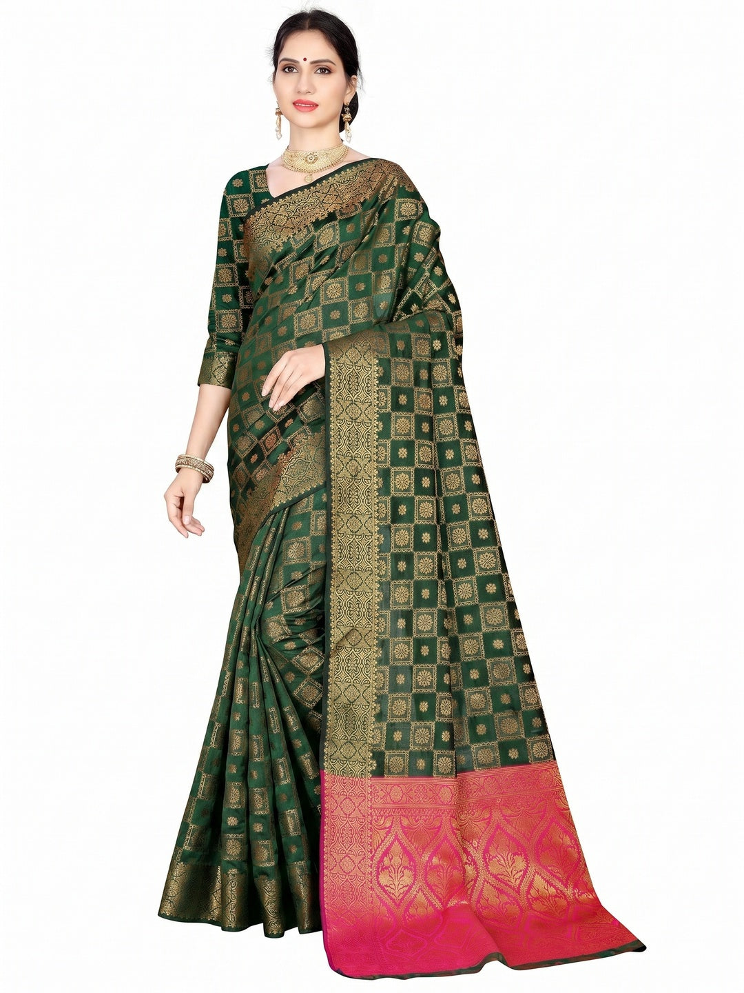 Green Floral Woven Jacquard Saree - Image 1