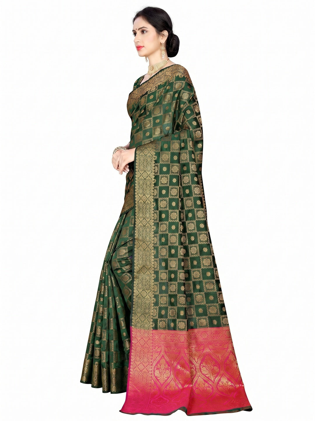Green Floral Woven Jacquard Saree - Image 3